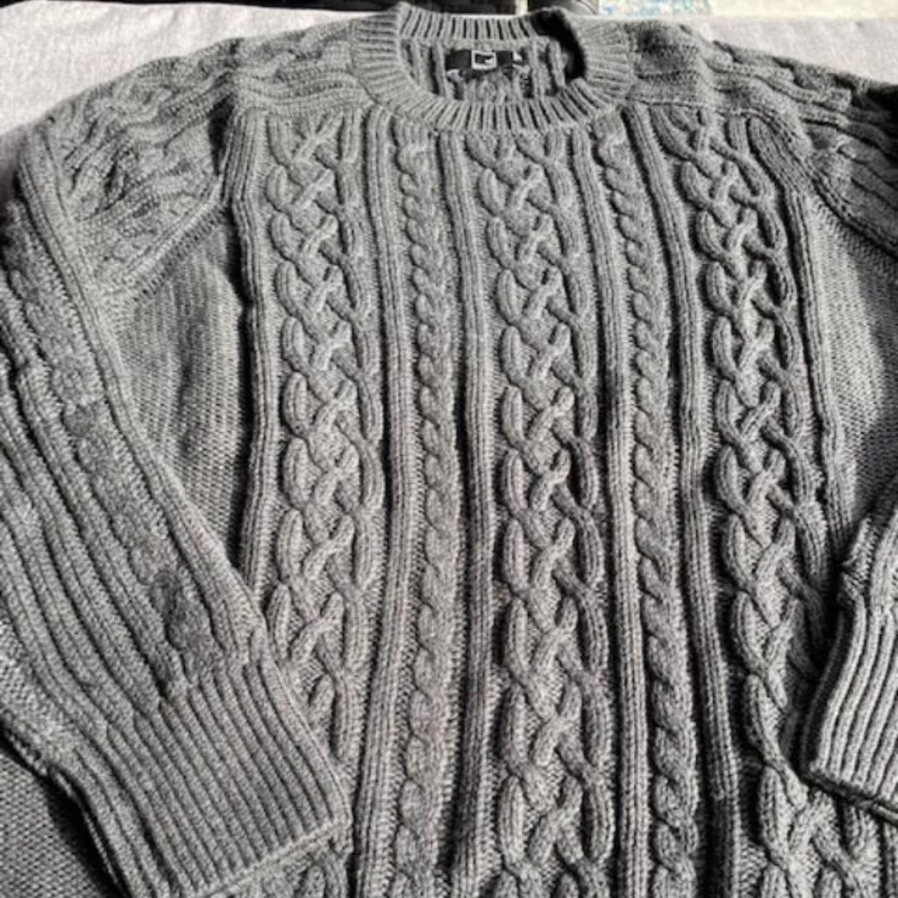 Fisherman Cable Long-Sleeve Crewneck Sweater DEEP STEEL GRAY, Unisex, Size XL